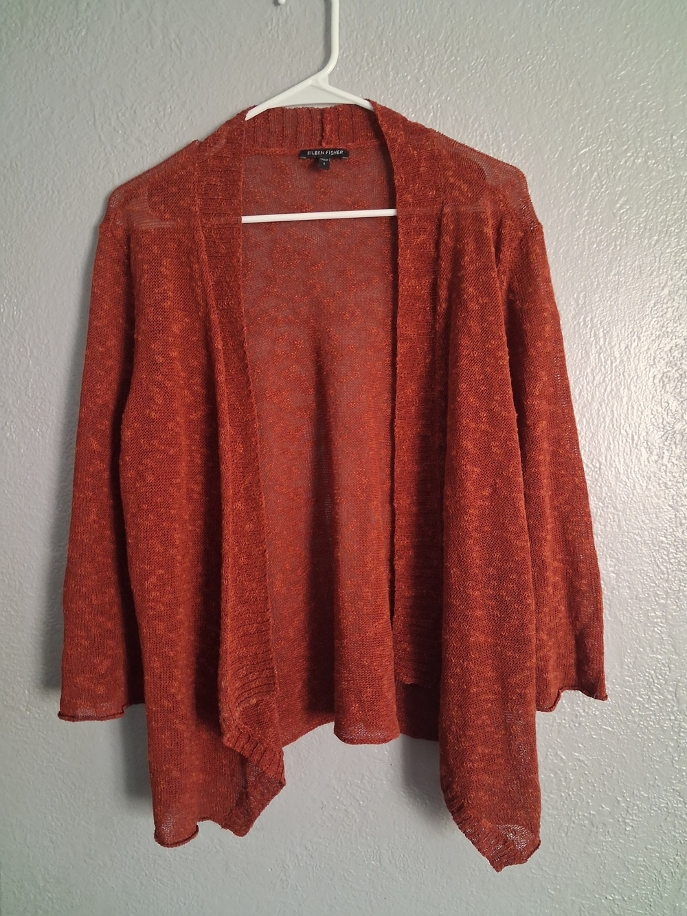 Eileen Fisher Open Front Burnt Orange Cardigan Linen Blend L